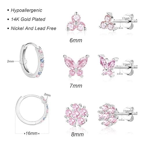 20G Gold Studs Earrings for Women,14K Gold Plated Hypoallergenic Butterfly Earrings for Girls,4 Pairs Flower/Butterfly/Cubic Zirconia Cute Earring and Trendy Huggie Hoop Dainty Multipack Earring Sets thumbnail 3