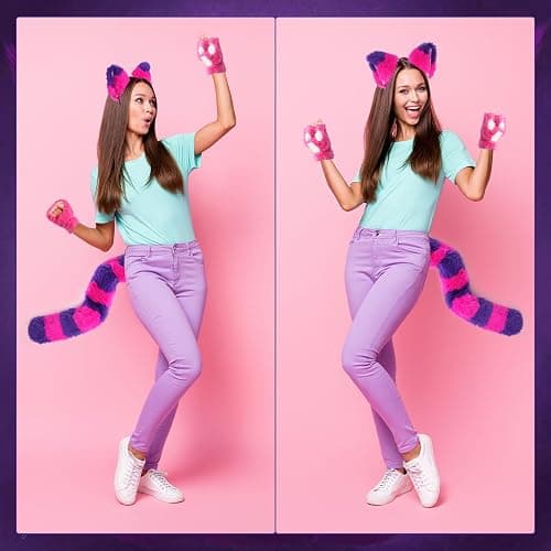Matiniy Pink Purple Striped Cat Costume With Cat Ears,Furry Tail,Choker,Striped Socks Gloves for Women Halloween Dress up thumbnail 7