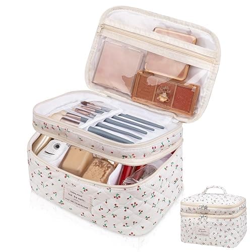 Makeup bag, Large Cosmetic Bag for Women Girls, Cute Quilted Makeup Bags, Floral Coquette Aesthetic Toiletry Bag, Travel Make Up Organizer Bag (Cherry) - Image 1
