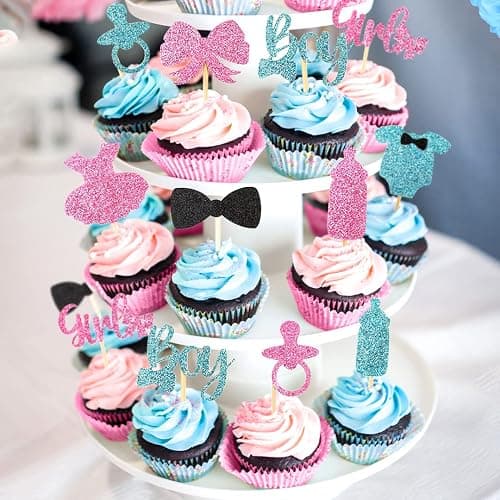Tortendeko Babyparty, 30 Stück Boy or Girl Gender Reveal Party Kuchen Torten Dekoration, Cake Cupcake Topper Geschlecht Offenbaren Kuchendeko für Jungen Mädchen Baby Shower Geburtstag (Blau Rosa) thumbnail 4