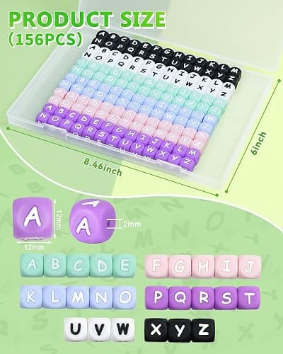 156Pcs FIVEIZERO Colorful Silicone Letter Beads, 12mm A-Z Alphabet Beads,Square Bead for Bracelets and Keychains, Large Letter Bead for Necklaces and Lanyards Making thumbnail 3