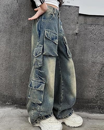 AOWKULAE Girls Jeans Cargo Pants Baggy Wide Leg High Elastic Waistband Kids Straight Denim Pant with Pockets 5-14Y thumbnail 2