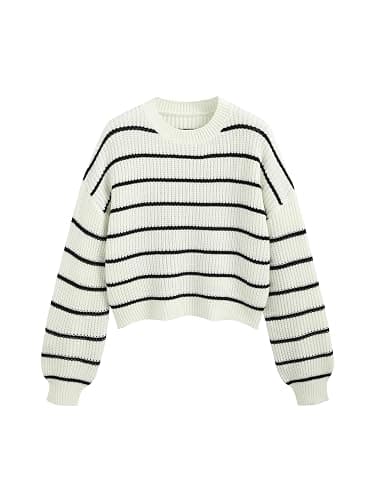 CIDER Women’s Cropped Striped Sweater Long Sleeve Crew Neck Tops | Knit, Trendy, Cute Pullover, Fall Outfits - Image 1