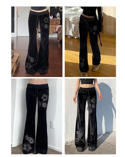 Bosloga Velvet Star Rhinestone Flare Pants for Women, Bootcut Low Rise Drawstring Bell Bottoms, Y2K Streetwear thumbnail 5