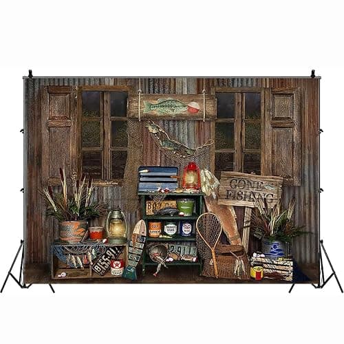 Rustic Wood Gone Fishing Photography Backdrop Fisherman Fishing Gear Background Fish Theme Party Birthday Party Decoration Child Portrait Photo Studio Props (7X5FT) thumbnail 6