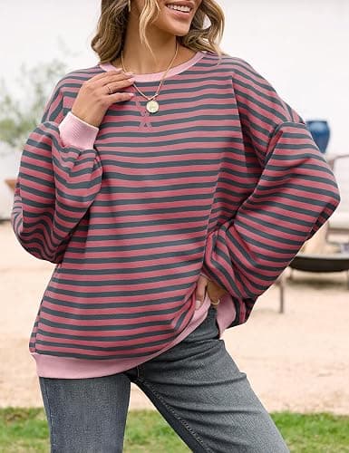 UEU Women Oversized Striped Crewneck Sweatshirt Long Sleeve Color Block Pullover Tops Casual Loose Workout Shirt thumbnail 2