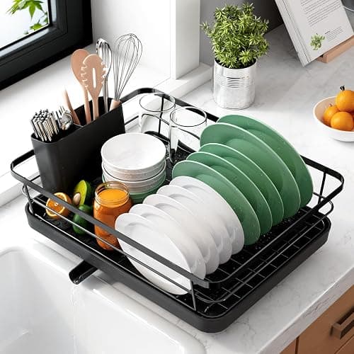 Kitsure Dish Drying Rack for Kitchen Counter, Stainless Steel Sink Organization and Storage Essentials with Cutlery Holder, Home and Appartment Decor, 12''W x 15.5''L, Black - Image 1