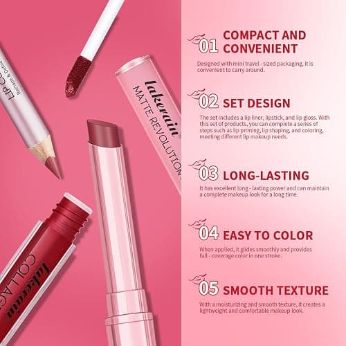 3PCS Lip Liner and Lipstick Combo Set - Matte Lip Liner Pencil, Velvet Matte Lipstick & Hydrating Collagen Lip Gloss - Long-Lasting, Smudge-Proof, High Pigment Nude Pink Lip Makeup Kit (Nude Pink) thumbnail 6