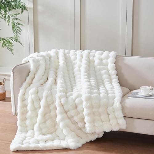 Serenhom 60x80 Inches Ultra-Soft Fuzzy Faux Fur Plush Twin Size Blanket - Thick, Warm Sherpa for Couch, Sofa, Bedroom, Camping - Decorative Blanket for Cozy Warmth, Bubble Ivory White thumbnail 2