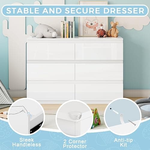 OtterOasis White Dresser for Bedroom Wood 6 Drawer Modern High Gloss | 47" Wide, Handle-Free, long, for Living Room, Entryway, TV Stand, Storing CLothes, Dressers & Chests of Drawers thumbnail 5
