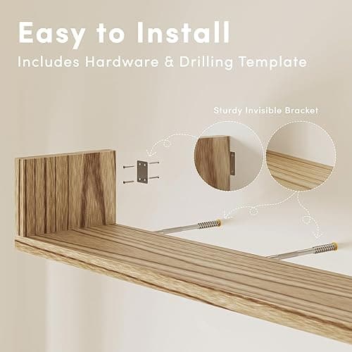 Wall Bookshelf, Set of 3, 36 Inches U Shaped Wall Shelves, Long Deep Floating Shelves for Wall, Large Floating Book Shelves - Wood Hanging Bookshelves for Kitchen, Bedroom (Light Brown, 36 Inches) - Light Brown - 36 Inches thumbnail 6