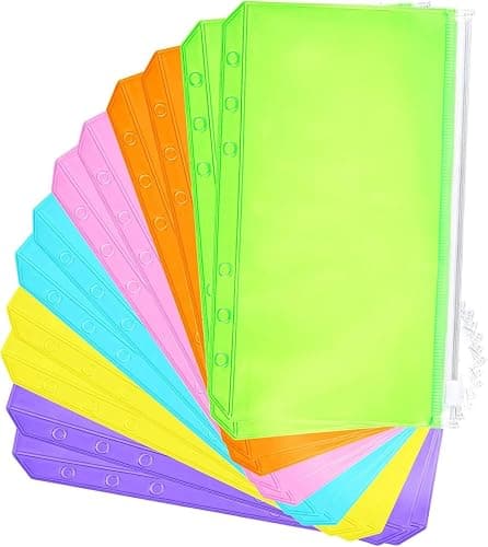 Zonon 12 Pcs A6 Binder Zipper Folders Pockets 6 Holes Budget Binder with Cash Envelopes PVC Loose Leaf Bag Waterproof Pouch Document Filing Bags(A6,Pink, Blue, Orange, Green, Yellow, Purple) - Image 1
