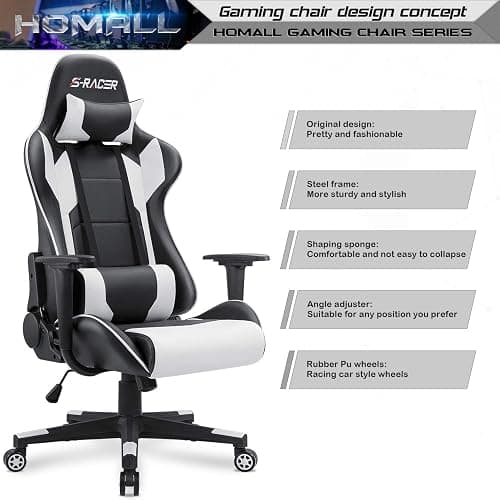 Homall Gaming Chair, Office Chair High Back Computer Chair Leather Desk Chair Racing Executive Ergonomic Adjustable Swivel Task Chair with Headrest and Lumbar Support (White) thumbnail 4