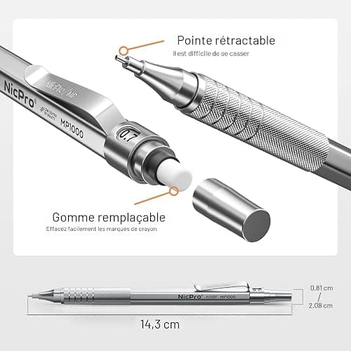 Nicpro 2 Pièces Porte Mines Métal avec étui, Crayon Mécanique Automatique 0,5 mm et 0,7 mm avec Recharge de Mines HB, Gommes, Porte Mine pour l'écriture Artistique, le Dessin, le Croquis(Argent) thumbnail 3