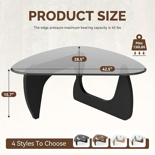 Daluvenix Modern Glass Coffee Table, Triangle Center Table with Tempered Glass Top& Unique Wooden Base, 42.5” Mid Century Tea Tables for Living Room, Apartment, Office,Black & Grey thumbnail 2