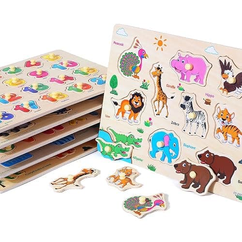 GRINNNIE Wooden Peg Puzzle for Toddlers, 6 Pack Toddler Puzzles Set for 3 4 5 Years Old (Alphabet Number Shape Animal Dinosaur Vehicle), Preschool Education Learning Puzzle Toys for Girls and Boys thumbnail 6