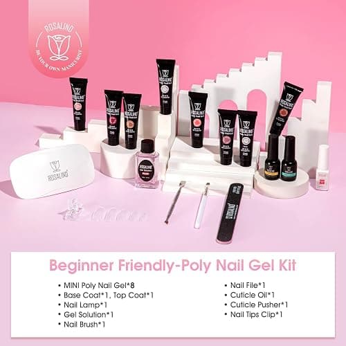 ROSALIND MINI Poly Nail Gel Kit, 8 Colors 0.34oz Each Tube Poly Nails Gel Starter Kit with Slip Solution and Mini UV Lamp, Clear Nude Purple Gels Extension Set for Beginners thumbnail 3