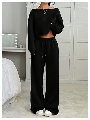 SOLY HUX Women's 2 Piece Outfits Fall Sweatsuits Off The Shoulder Crop Top Wide Leg Sweatpants Casual Matching Lounge Sets thumbnail 3