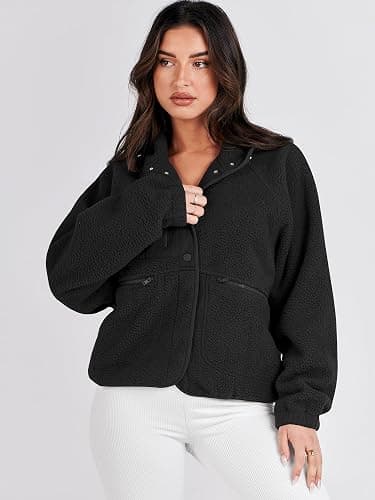ANRABESS Womens Fuzzy Fleece Jacket Fall Casual Long Sleeve Cropped Sherpa Button Down Shacket Coats Outwear With Pockets thumbnail 7