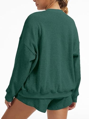 AnotherChill Women's Oversized Waffle Knit Lounge Set Long Sleeve Sweatshirt and High Waisted Shorts 2 Piece Casual Outfit thumbnail 3