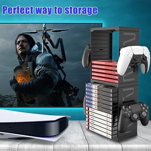 SIKEMAY Game Storage Tower for PS5/PS4/Xbox Series S & X - Universal Video Game Disc Organizer with 24 PCS Holders, 4 Controller Slots & Stand Rack Accessories - Black thumbnail 6