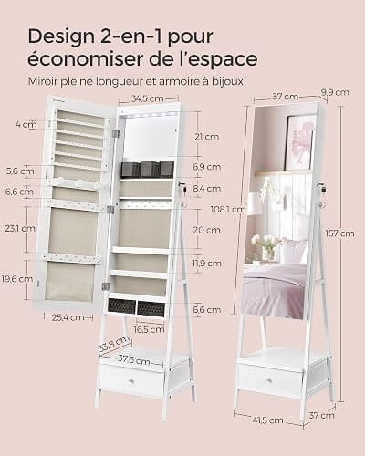 SONGMICS Armoire à Bijoux avec Miroir LED sur Pied, Armoire à Bijoux avec Miroir Pleine Longueur, Organisateur de Bijoux Gain de Place, Tiroir et Étagère, Blanc Nuage JJC025W01 thumbnail 2