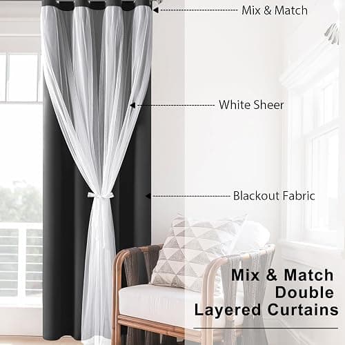 Hiasan Black Blackout Curtains with Sheer 84 Inches Long, Thermal Insulated Mix & Match Double Layer Room Darkening Curtains for Bedroom, Living Room, 2 Window Drape Panels with Tiebacks, 52W X 84L thumbnail 5