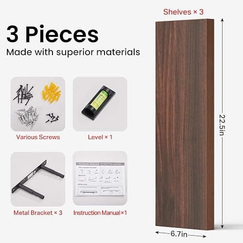 BAYKA Walnut-Like Floating Shelves 22.5in, 3Pack, Wall Mounted Wall Decor | Easy Install, 22lbs Max Load, Hidden Bracket, Shelf for Bathroom Bedroom Kitchen Books Display Storage, Multi-Wall Compatible thumbnail 8