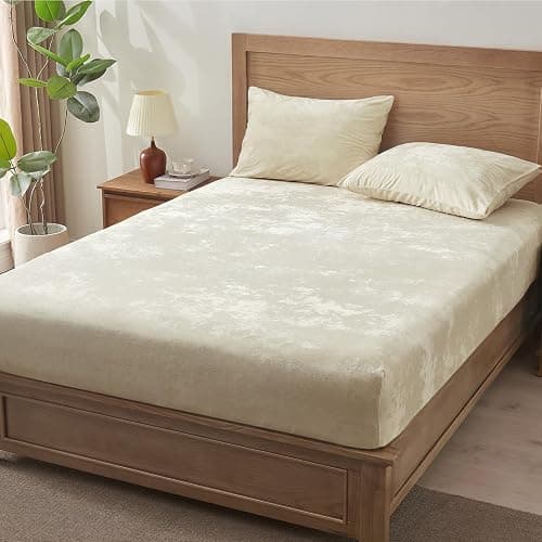 BEDELITE Velvet Fitted Sheet and Pillowcases Set, Luxury Soft Fuzzy Bottom Sheet with Reinforced Elastic Corner Straps, Deep Pocket up to 15 Inch, 1 Fitted Sheet and 2 Pillowcases (Queen, Cream) thumbnail 2
