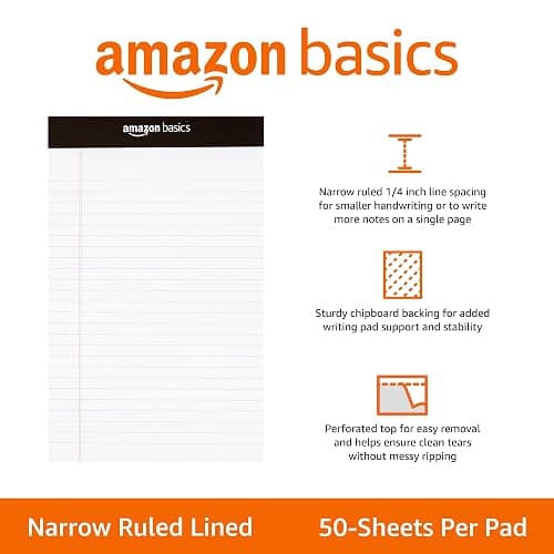 Amazon Basics Narrow Ruled Lined Writing Note Pad, 5 inch x 8 inch, White, 12 Count (12 Pack of 50 pages) thumbnail 4