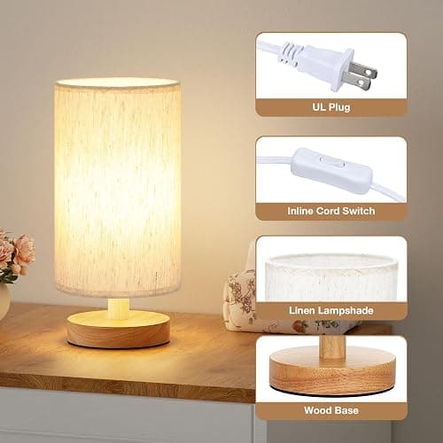 Fenmzee 9" Small Table Lamp for Bedroom - Inline Control with 3000K Bulb | Cream Shade and Wood Base | 680 Lumens | Easy Assembly | Minimalist Design | E26 | for Kitchen | for Kids Room thumbnail 2