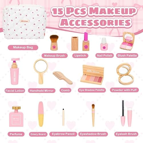 Wooden Makeup Toy Set, Pretend Play Makeup Kit for Toddlers Realistic Beauty Salon Set for Girls with Eyeshadow Lipstick Perfume Brush and Cosmetic Bag Birthday Gifts for Girls Toys Kids Aged 3 4 5 6 thumbnail 6