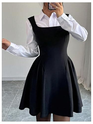 GORGLITTER Black Dress for Women A Line Sleeveless Swing Flared Square Neck Dress Ruffle Mini Tank Sundress, XS-XXL thumbnail 3
