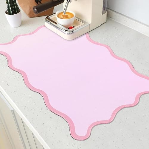 Nuanchu Pink Coffee Mat 12" x 19" Pink Coffee Bar Accessories Cute Dish Drying Mat for Kitchen Counter Scalloped Aesthetic Waterproof Coquette Drainer Pad - Image 1