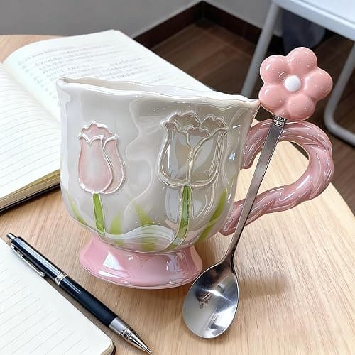 DTIUYIOP Ceramic Coffee MugEspresso Cup 14oz Pink Cute Flower withSpoon | novelty coffee mug，Glazed Ceramic Smooth Glossy Surface Lead ，Comes with Matching Spoon ，cute mugs for women thumbnail 2