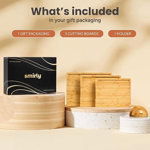 SMIRLY Bamboo Cutting Boards for Kitchen - Wood Cutting Board for Meal Prep, Serving, Charcuterie - Kitchen Gadgets, House Warming Gifts - Wooden Chopping Board Set of 3 with Holder - Natural Bamboo thumbnail 2