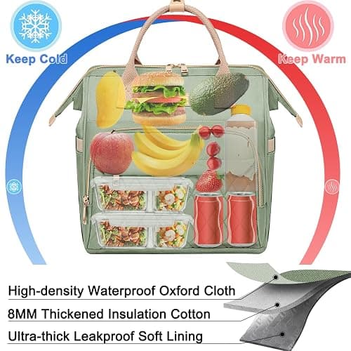 AIJIEKE Lunch Bag for Women, Leakproof & Insulated Work Lunch Box Tote, Reusable Adult Cooler Bag with Water Bottle Side Pocket & Removable Shoulder Strap, Green thumbnail 5