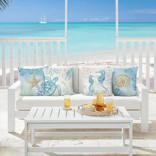 Bonhause Ocean Beach Throw Pillow Covers 18 x 18 Inch Seahorse Turtle Starfish Coastal Outdoor Decorative Pillows Soft Velvet Cushion Cases for Couch Sofa Bed Home Decor Set of 4 thumbnail 2