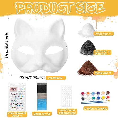 6PCS Cat Mask with Eye Mesh Fur Beard and Gem Stickers,Cat Mask DIY Set, Costume for Masquerade,Halloween,Cosplay Parties thumbnail 2