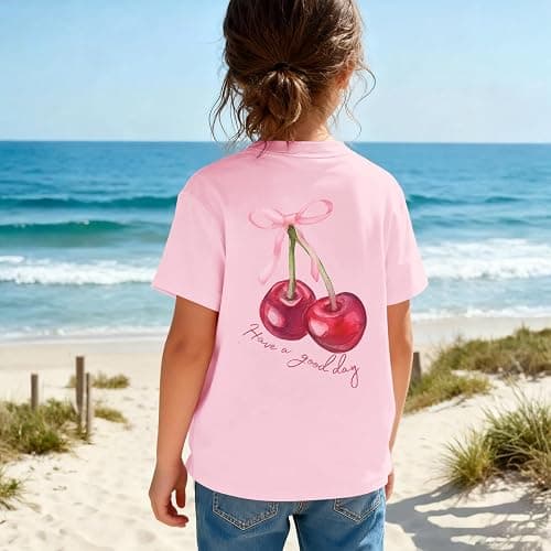 BINTEHGS Girls Cute Graphic Tees Kids Bow Cherry Shirt Aesthetic Short Sleeve T Shirts Casual Summer Crew Neck Top Clothes thumbnail 3