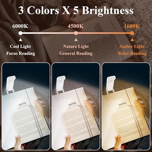 Alyvisun Lumière de lecture, 3 Modes de Couleur & 5 Niveaux de Luminosité Réglables, [Fonction Minuterie & Rechargeable via USB] Lampe à Pince pour Livres au Lit, Autonomie de 80 Heures (blanc) thumbnail 3