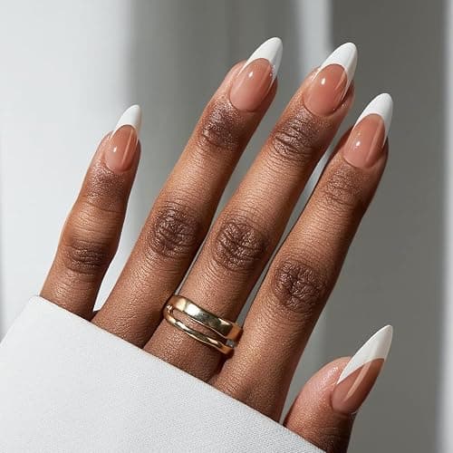 BTArtbox French Tip Press On Nails - Medium Press On Nails Almond, Natural Fake Nail with Nail Glue, Brown Glue On Nails in 15 Sizes - 30 Fake Nails Kit, Capable - Image 1