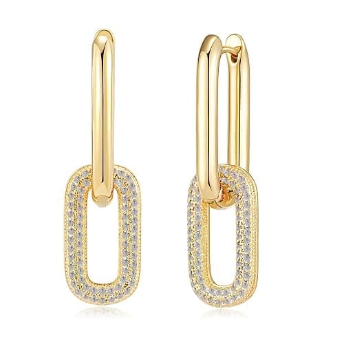 Austrian Crystals Paperclip Drop Earrings for Women 14K Gold Plated Double Huggie Dangle Earrings Hypoallergenic Sparkly Jewelry - Image 1