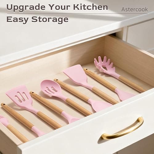 Astercook Kitchen Utensils set, 39 PCS Silicone Cooking Utensils Set with Wooden Handle, 446°F Heat Resistant Food Grade Utensil Sets, BPA Free Kitchen Gadgets Tools Set for Nonstick Cookware (Pink) thumbnail 8