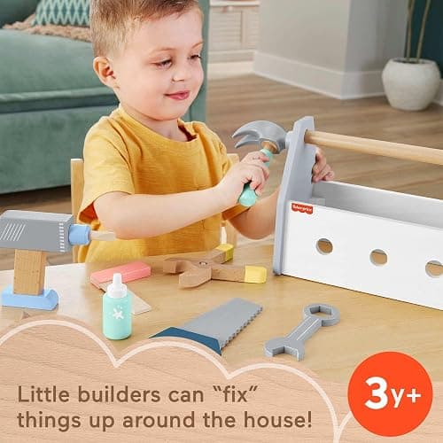 Fisher-Price Wood Pretend Play Toy Tool Box with Drill, 9-Piece Wooden Set for Building Construction Play Preschool Kids Ages 3+ Years thumbnail 3