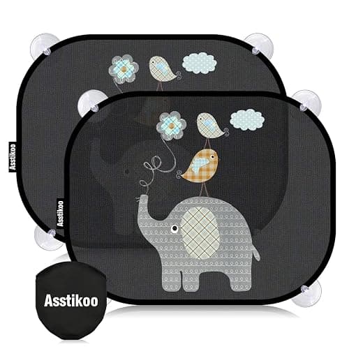 Asstikoo Auto Sonnenschutz Baby mit UV Schutz, 45x35.5cm Sonnenblende mit 8 Saugnäpfen, Autofenster Sonnenschutz für Kinder mit süßen Tier Motiven-2er Set - Schwarz - Image 1