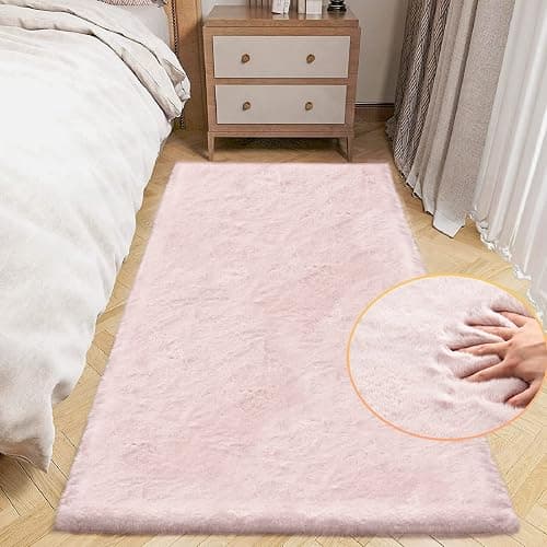 ORINOVA Small Pink Fuzzy Faux Rabbit Shaggy Fur Rug Furry Washable Runner Rug 2x6 Fluffy Rugs for Bedroom Living Room Nursery Rugs Teen Room Décor - Image 1