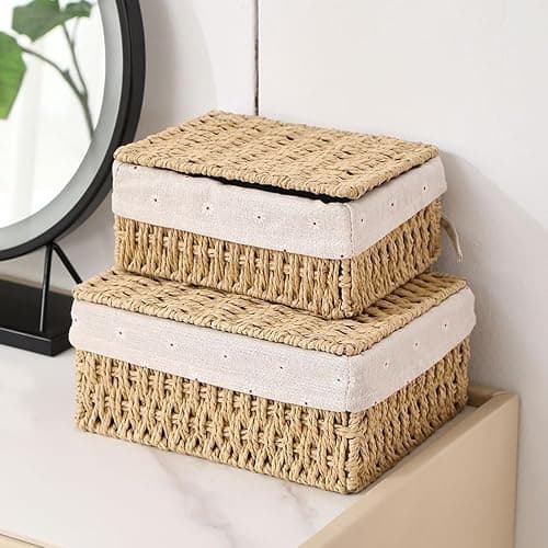 ZHYOPING 3er Set Aufbewahrungskorb mit Deckel – Körbchen Geflochten aus Papierseil, 3 Größen Körbchen mit Futter, Boho-Decor Aufbewahrungskörbchen für Badezimmer, Spielzeug, Wohnzimmer & Schlafzimmer thumbnail 2