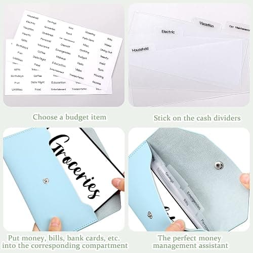 Frienda Cash Envelope Wallet PU Leather 7 x 3.5 Inch Reusable Budget Money Pouch Envelope Organizer 8 Cash Dividers 2 Sheets Category Sticker Labels for Wallets Bill Planner(Blue,Classic) thumbnail 6