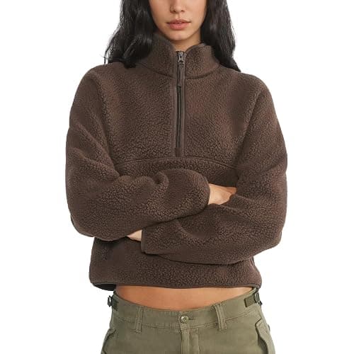 Yioaga Fleece Sweatshirts for Women Cropped Long Sleeve Half Zip Pullover Sherpa Jacket Warm Fuzzy Coats with Pockets - Image 1